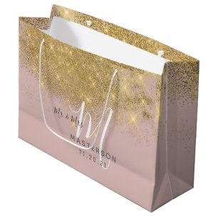 Grand Sac Cadeau Blush Chic Mariage Monogramme Paillettes de Pous