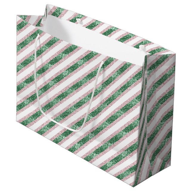 Grand Sac Cadeau Blush Pink Green Glitzy Stripes Christmas (Devant Angle)