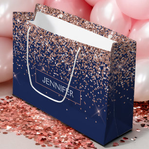 Grand Sac Cadeau Blush Rose Gold Navy Blue Paillettes Monogramme