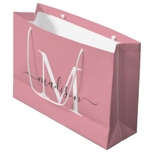 Grand Sac Cadeau Blush Rose Monogram Gris Élégant Nom en Script Fém