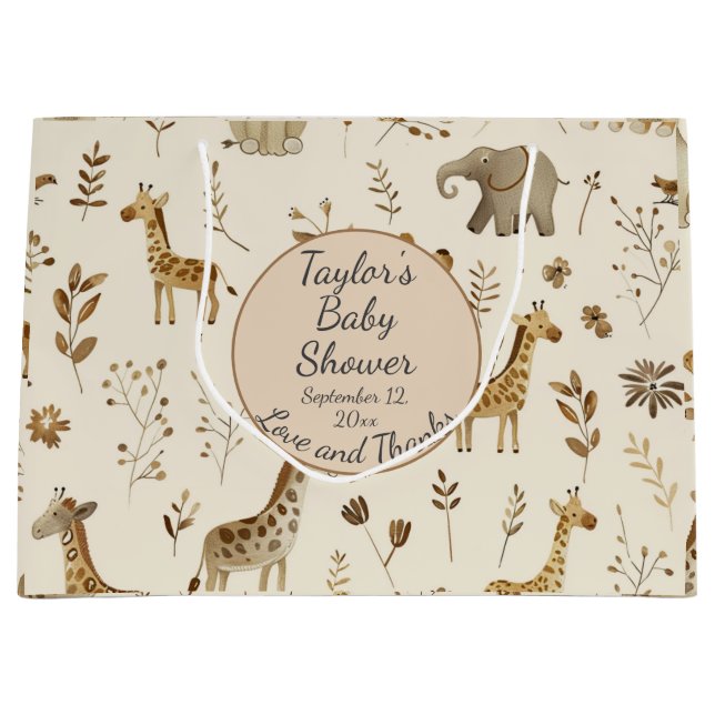 Grand Sac Cadeau Boho Blanc Beige Jungle Baby shower Animaux (Devant)