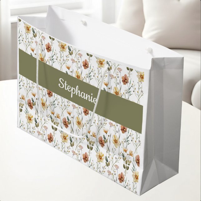 Grand Sac Cadeau Boho Green Wildflower Watercolor Monogram Name (Créateur téléchargé)