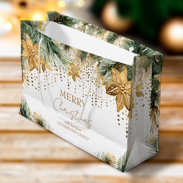 Grand Sac Cadeau Boho Joyeux poinsettia or de Noël (Boho Merry Christmas gold poinsettia pines personalized Large Gift Bag)