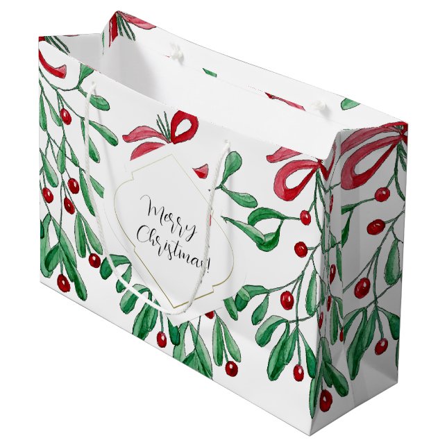Grand Sac Cadeau Boho Mistletoe Aquarelle Monogramme (Devant Angle)