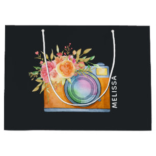 Grand Sac Cadeau Boho Orange Caméra & Bouquet Floral Aquarelle