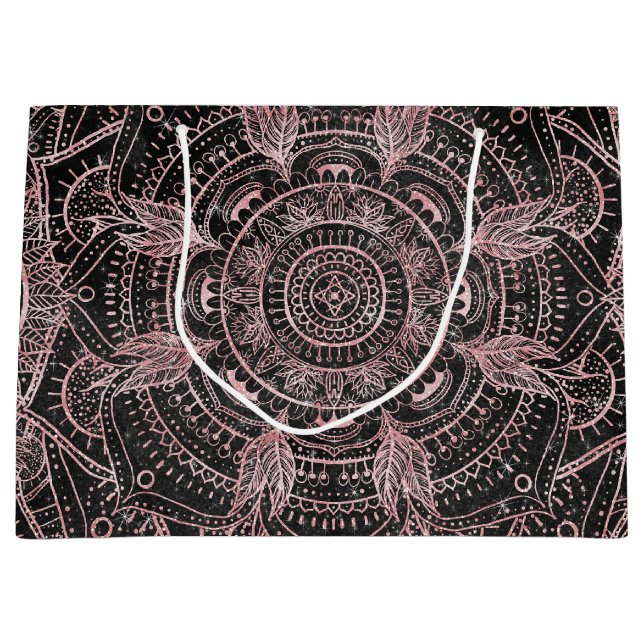 Grand Sac Cadeau Boho Rose Gold Grey Mandala Design élégant (Devant)