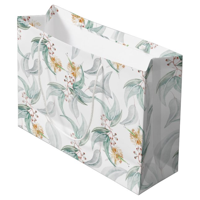 Grand Sac Cadeau Boho Rustique Monnaie Aquarelle Eucalyptus Floral (Devant Angle)