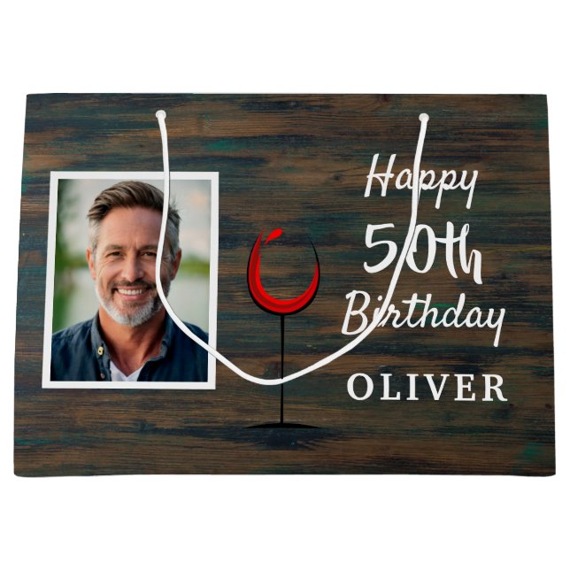 Grand Sac Cadeau Bois rustique Verre rouge 50e anniversaire Photo (Devant)