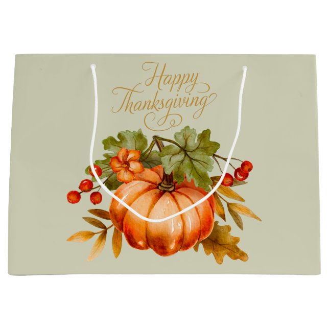 Grand Sac Cadeau Bon thanksgiving Citrouille aquarelle et baies  (Devant)