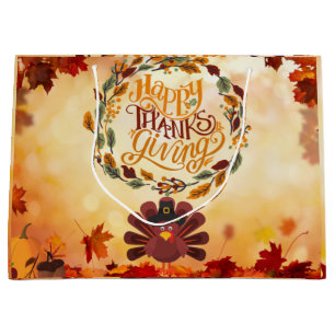 Grand Sac Cadeau Bon thanksgiving mignonne Turquie et feuilles d'au