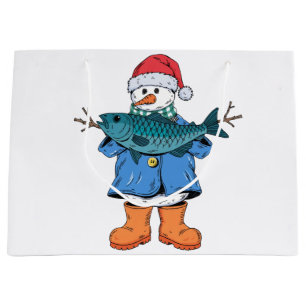 Grand Sac Cadeau Bonhomme de neige Pêcheur Noël 2026 Vacances Pêche