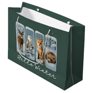 Grand Sac Cadeau Bonjour Animaux d'Hiver Cerf Hibou Renard Ours Sai