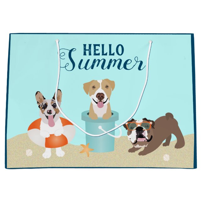 Grand Sac Cadeau Bonjour Summer Beach Chiens Bleus (Devant)