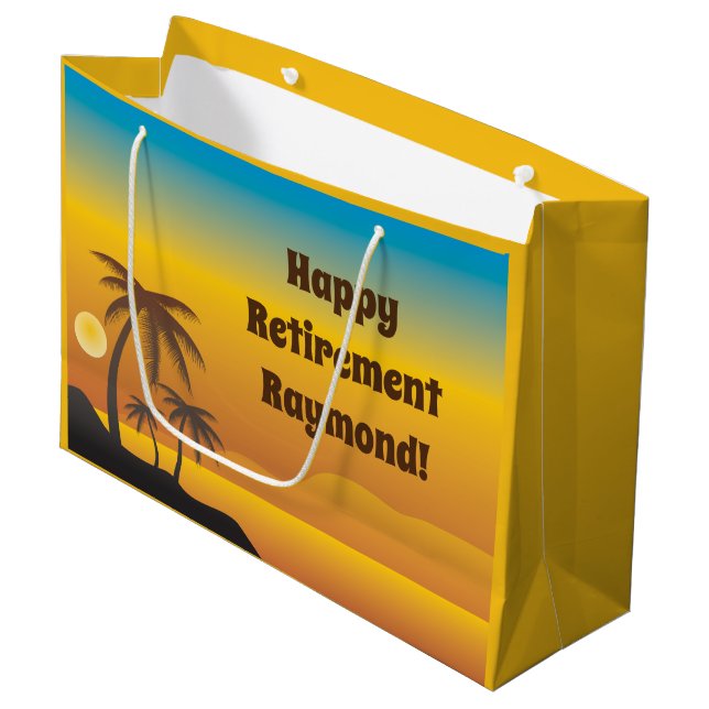 Grand Sac Cadeau Bonne retraite avec la scène de plage de palmiers (Devant Angle)