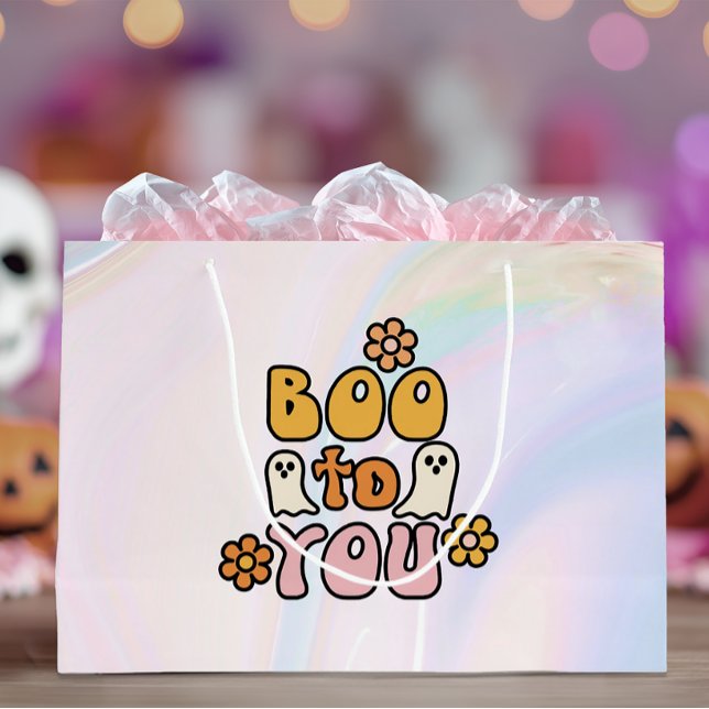 Grand Sac Cadeau Boo to you migre Halloween (Large pastel swirl Halloween gift bag with retro “Boo to You” text and daisy accents)