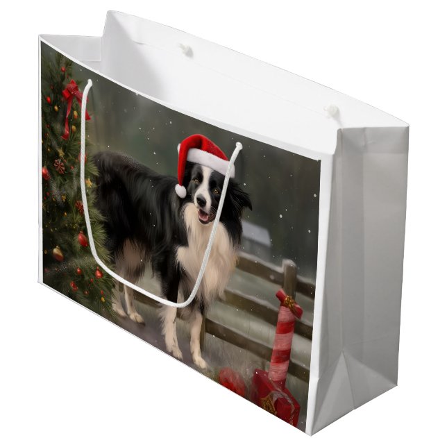 Grand Sac Cadeau Bordure Collie Chien dans neige Noël (Devant Angle)