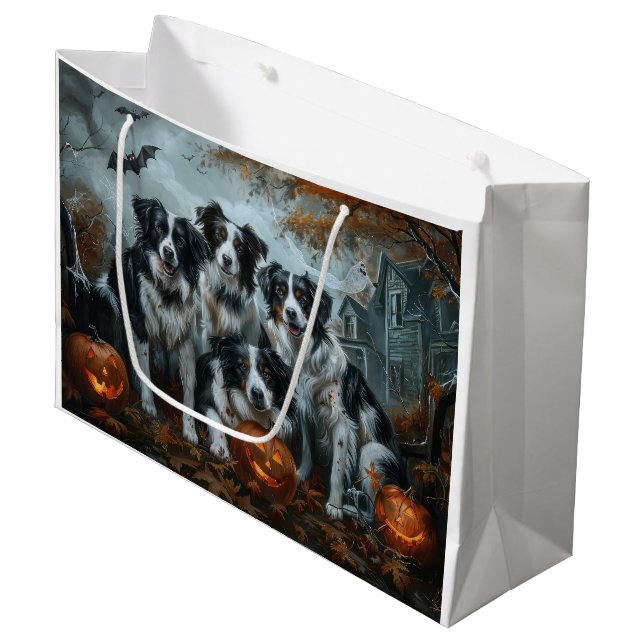 Grand Sac Cadeau Bordure Collie Halloween nuit Chien ravir (Devant Angle)