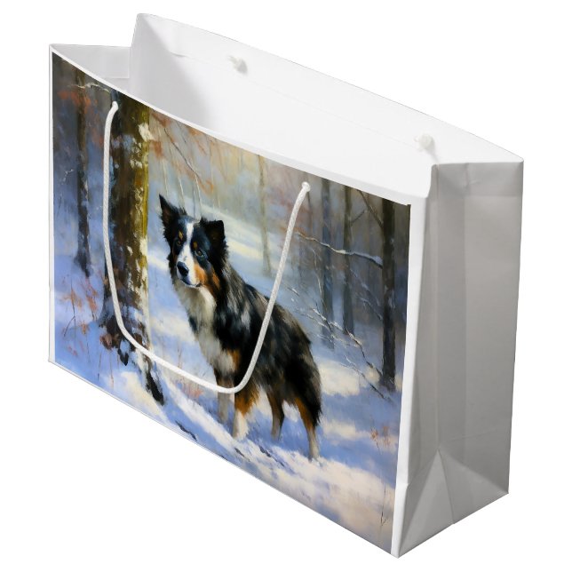 Grand Sac Cadeau Bordure Collie Laisser neiger Noël (Devant Angle)