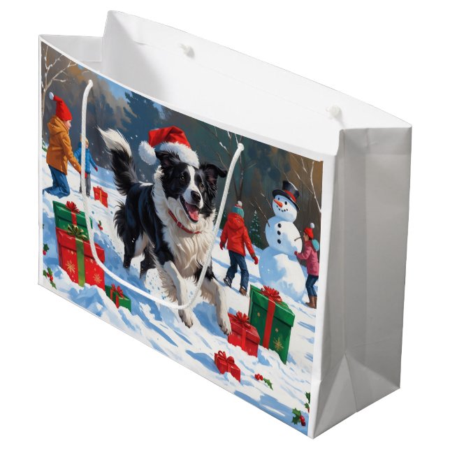 Grand Sac Cadeau Bordure Collie Noël Festive Scène de neige (Devant Angle)