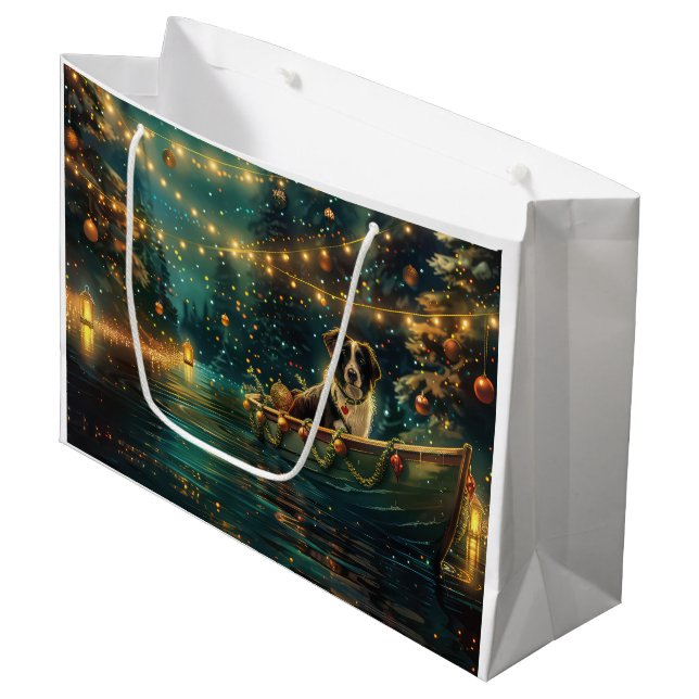 Grand Sac Cadeau Bordure Collie Noël Festive Voyage (Devant Angle)
