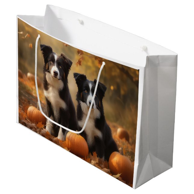 Grand Sac Cadeau Bordure Collie Puppy Automne Citrouille de plaisir (Devant Angle)