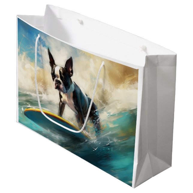 Grand Sac Cadeau Boston Terrier Beach Surfing Peinture (Devant Angle)