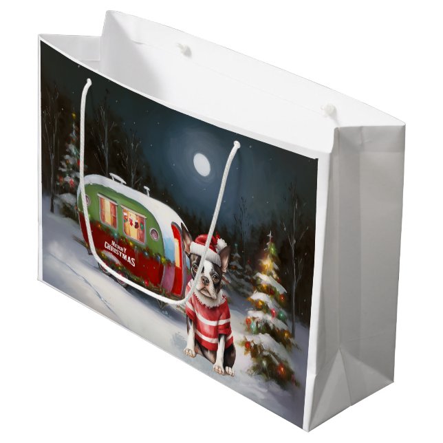 Grand Sac Cadeau Boston Terrier Caravan Christmas Adventure (Devant Angle)