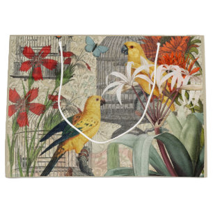 Grand Sac Cadeau Botanique Vintage Oiseaux Nature Antique Tropical
