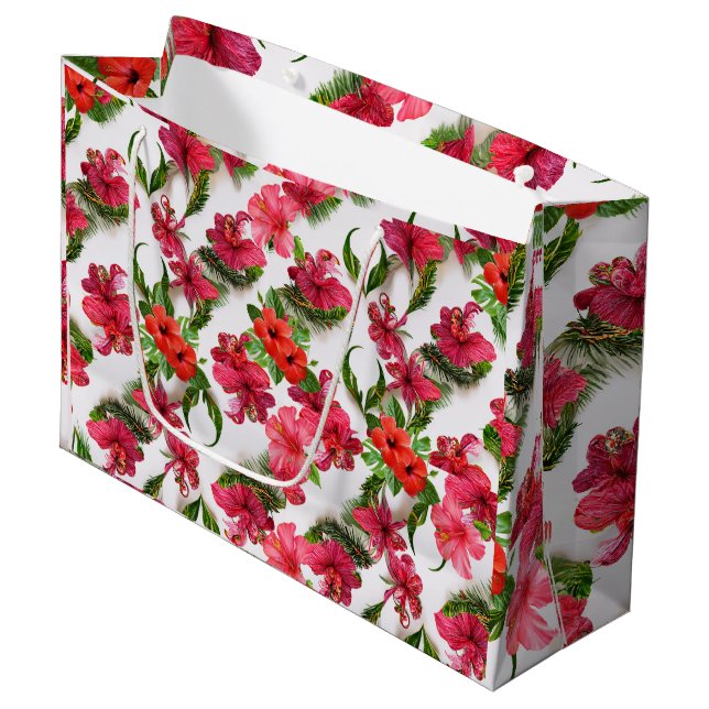 Grand Sac Cadeau Botaniques tropicales roses et rouges luxuriantes (Devant Angle)