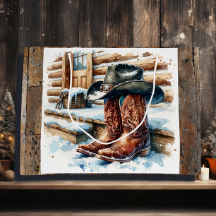 Grand Sac Cadeau Bottes de cowboy sur le porche avant Noël