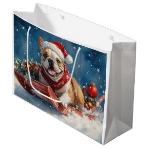 Grand Sac Cadeau Bouledogue en traîneau Laissez neige Noël