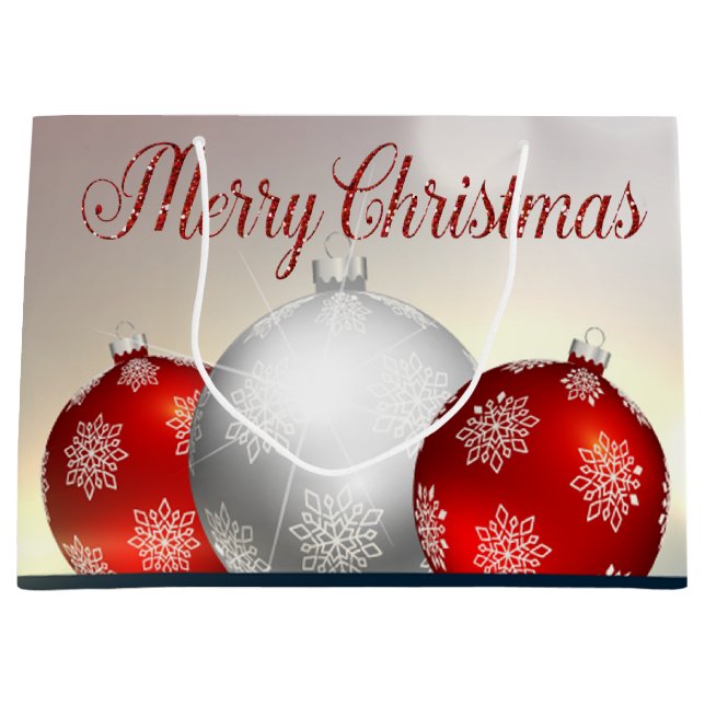 Grand Sac Cadeau Boules de Noël rouges blanches Flèches de neige (Devant)