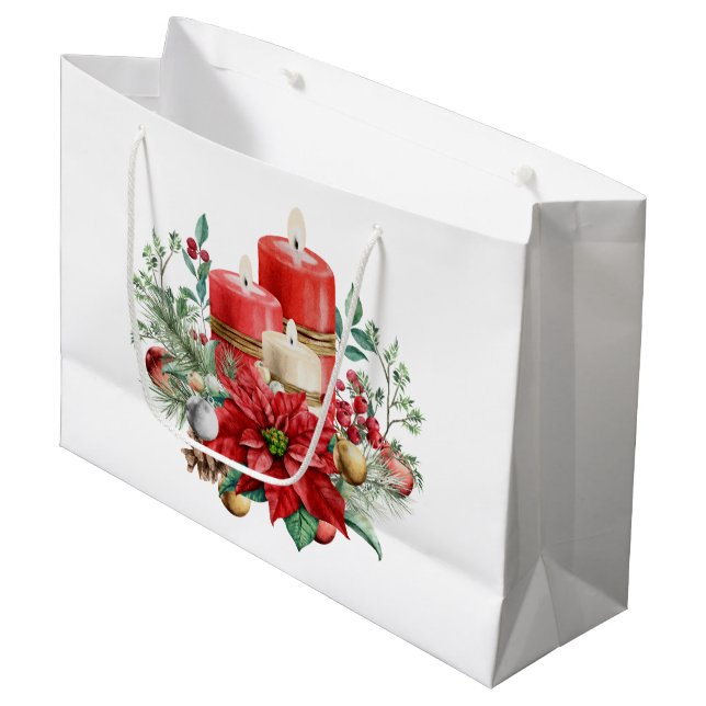 Grand Sac Cadeau Bouquet de bougies et Poinsettia Noël (Devant Angle)