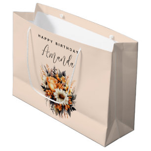 Grand Sac Cadeau Bouquet de fleurs gris jaune orange Anniversaire