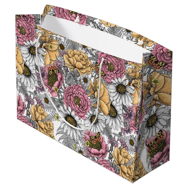Grand Sac Cadeau Bouquet de fleurs - roses, pivoines, marguerites e (Dos Angle)