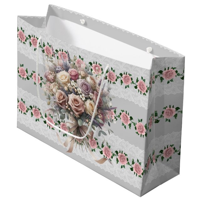 Grand Sac Cadeau Bouquet de mariage aux roses roses  (Devant Angle)