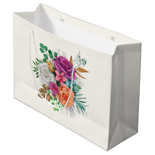 Grand Sac Cadeau Bouquet floral rose, orange et blanc
