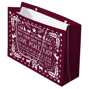 Grand Sac Cadeau Bourgogne Amour Paix Joie papel picado Noël