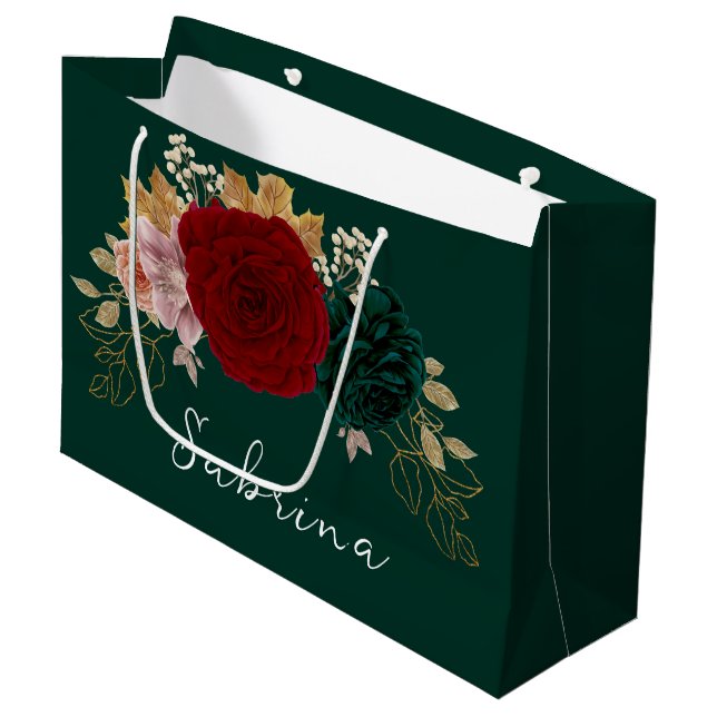 Grand Sac Cadeau Bourgogne d'or automnal Emerald Greeney Floral (Devant Angle)