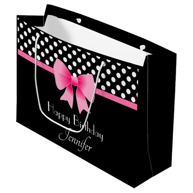 Grand Sac Cadeau Bow Rose Noir Et Blanc Pois Anniversaire (Devant Angle)