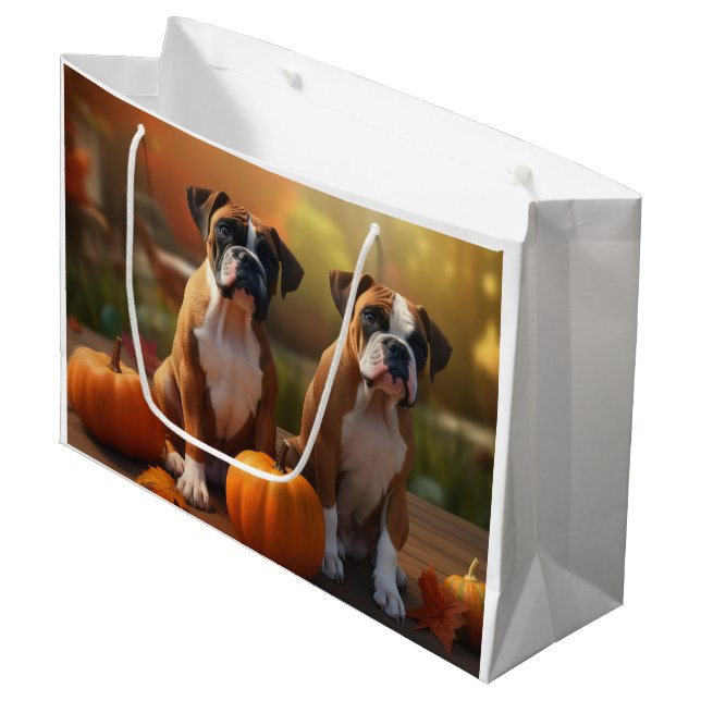 Grand Sac Cadeau Boxer Chiot Automne Citrouille de plaisir (Devant Angle)