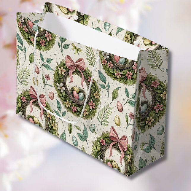 Grand Sac Cadeau Boxwood Easter Wreath Pink Bow with Egg (Créateur téléchargé)
