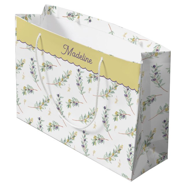 Grand Sac Cadeau Branche d'Olivier Monogramme Nom Vert Sauge (Dos Angle)