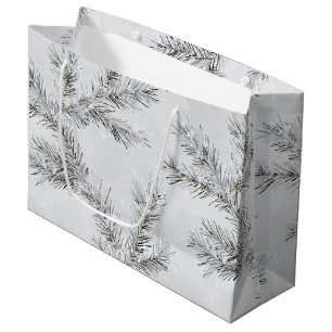 Grand Sac Cadeau Branches d'arbre de Noël gris neige