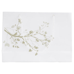 Grand Sac Cadeau Branches de crème d'olive et d'oiseaux blancs