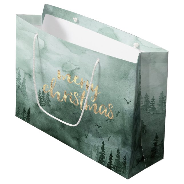 Grand Sac Cadeau Branches de pin, neige  (Devant Angle)
