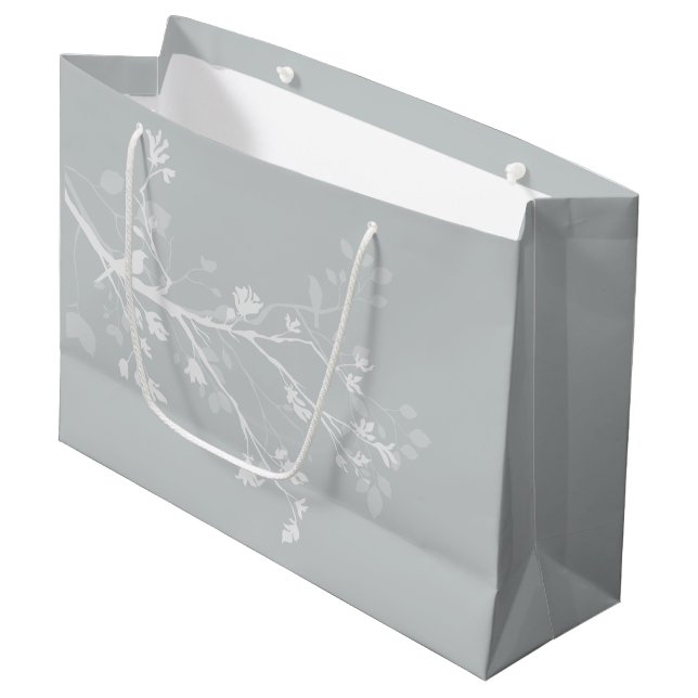 Grand Sac Cadeau Branches d'oiseaux gris blanc Mariage (Devant Angle)