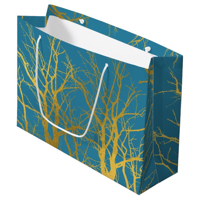 Grand Sac Cadeau Branches Gold Tree Motif Arrière - plan bleu (Devant Angle)