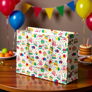 Grand Sac Cadeau Bright Birthday Cakes and Balloons Wrapping Paper