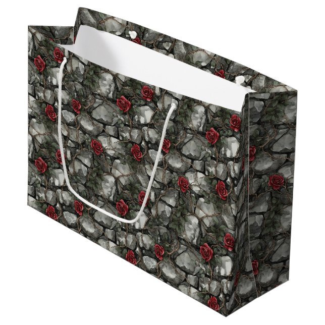 Grand Sac Cadeau Briques de mariage aux roses rouges (Devant Angle)